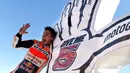 Pebalap MotoGP asal Spanyol, Marc Marquez menempati urutan kedua pebalap yang menjadi trending topik dengan 23% mention. (EPA/Manuel Bruque)