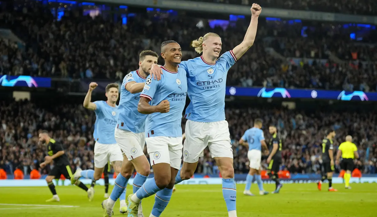 <p>Empat gol City ke gawang Real Madrid dicetak oleh Bernardo Silva (23'), (37'), Akanji (76') dan Alvarez (90'). (AP Photo/Jon Super)</p>