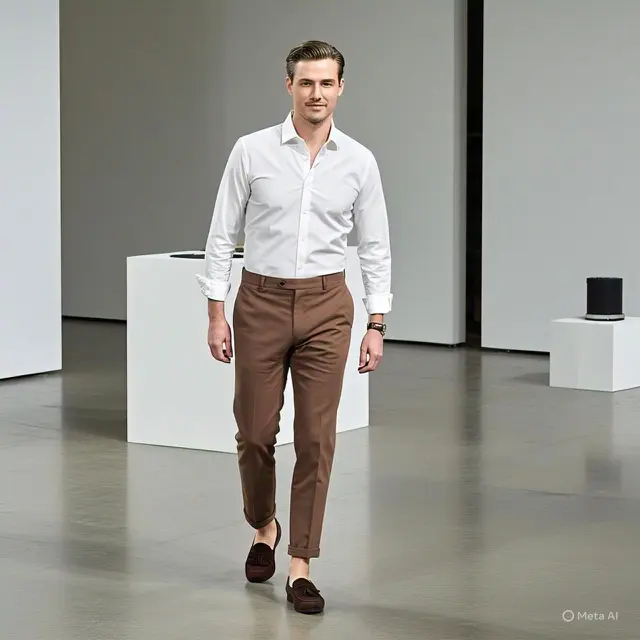 Celana Chino Coklat Susu dengan Kemeja Putih