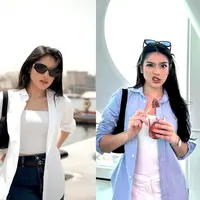 Dalam suasana musim panas yang terik, ia memilih tampilan effortless chic dengan kemeja simpel yang tetap terlihat stylish dan mewah. [@davinaakaramoyy].