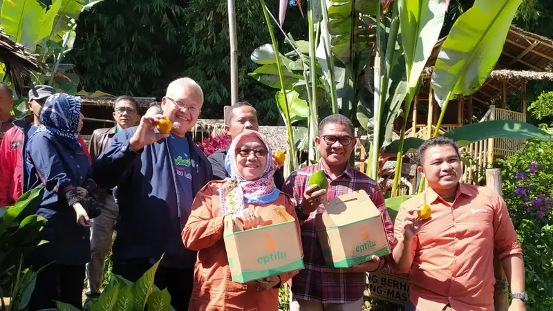 Sekretaris Badan Penyuluhan dan Pengembangan SDM Pertanian Kementerian Pertanian, Siti Munifah, tengah menunjukan cenderamat berupa buah-buahan segar di perkebunan Eptilu, Garut, Jawa Barat, Sabtu.