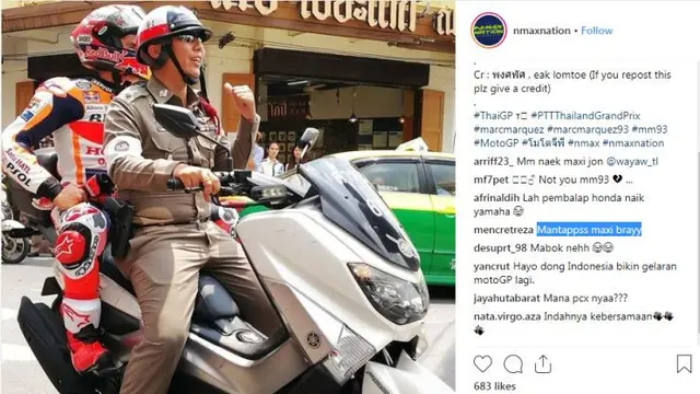 Dibonceng polisi, Marc marquez naik Yamaha NMax (foto: Instagram @nmaxnation)