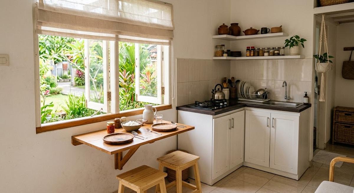 Ide dapur kecil dengan meja makan lipat yang cocok buat rumah minimalis model dekat jendela