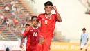 <p>Selebrasi striker Timnas Indonesia U-22, Ramadhan Sananta setelah mencetak gol ketiga Timnas Indonesia U-22 ke gawang Myanmar pada laga kedua Grup A SEA Games 2023 di Olympic Stadium, Phnom Penh, Kamboja, Kamis (4/5/2023). (Bola.com/Abdul Aziz)</p>