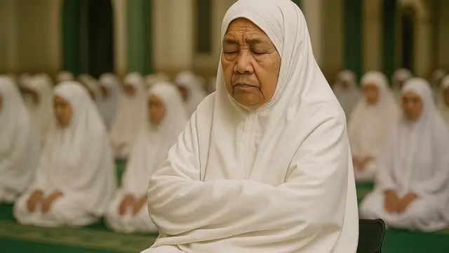Ilustrasi lansia sholat duduk (Foto: ChatGPT)