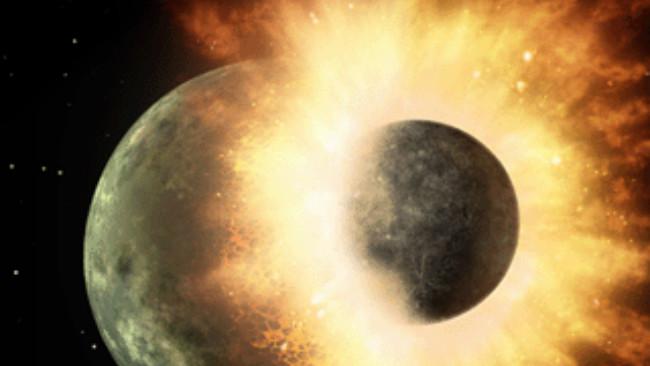 Ilustrasi hantaman benda planetoid pada Bumi sehingga terciptalah Bulan dari materi yang terlempar ke orbit. (Sumber Wikimedia Commons)