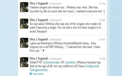 Dira Sugandi menuangkan kesedihannya atas kepergian Whitney Houston melalui akun twitternya