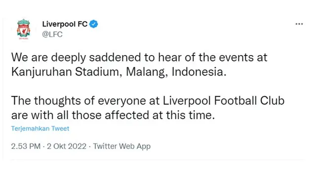 10 Ucapan Duka dari Klub Bola Ternama, Tragedi Kanjuruhan Jadi Perhatian Dunia