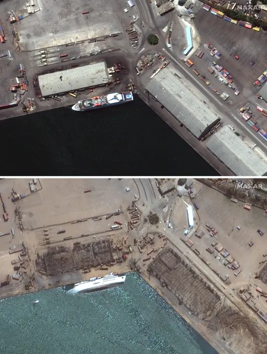 Kombinasi citra satelit yang disediakan oleh Maxar Technologies ini menunjukkan pelabuhan Beirut di Lebanon, atas, pada 31 Juli 2020, dan area yang sama pada Rabu, 5 Agustus 2020, sehari setelah ledakan besar yang membuat seluruh blok kota porak-poranda. (© 2020 Maxar Technologies via AP)