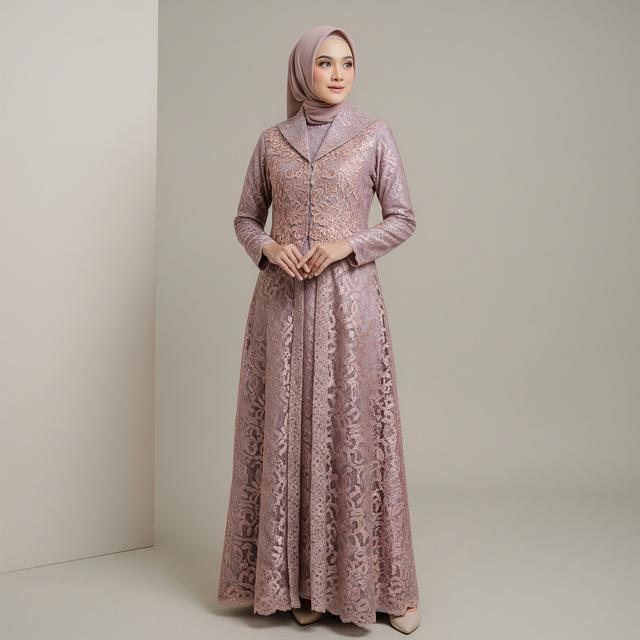 Gamis Batik Brokat dengan Kerah Tinggi