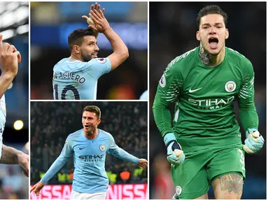 Berikut ini lima pemain yang menjadi kunci kesuksesan Manchester City dalam menjuarai Premier League 2019. Diantaranya Ederson Moraes, Kun Aguero dan Raheem Sterling. (Foto Kolase AP dan AFP)