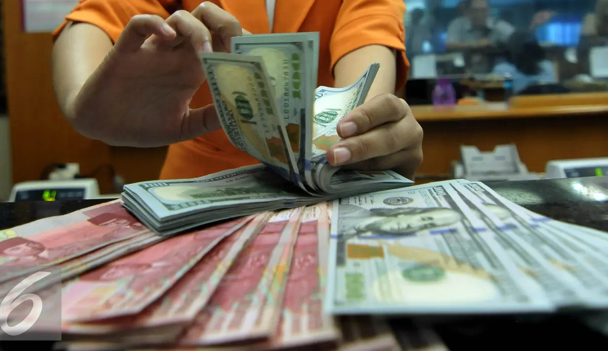 Petugas menghitung uang pecahan US$100 di pusat penukaran uang, Jakarta, , Rabu (12/8/2015). Reshuffle kabinet pemerintahan Jokowi-JK, nilai Rupiah terahadap Dollar AS hingga siang ini menembus Rp 13.849. (Liputan6.com/Johan Tallo)