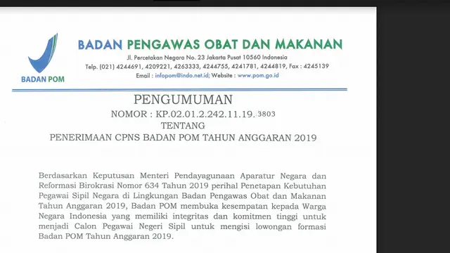 Formasi CPNS 2019 BPOM (Screenshoot laman cpns.pom.go.id)