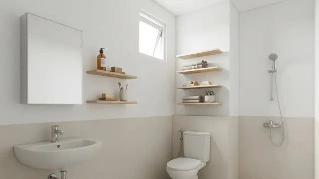 Kamar Mandi dengan Penyimpanan Vertikal agar Lantai Tetap Lega