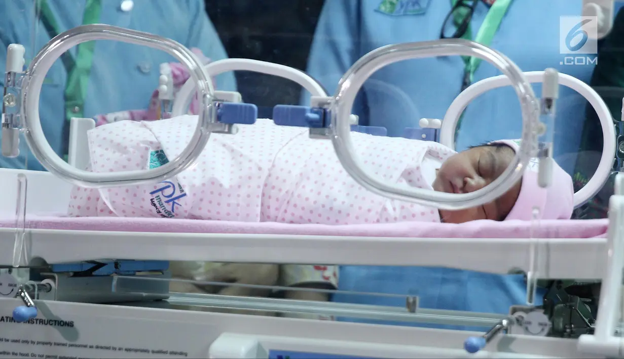 Cucu Presiden Joko Widodo atau Jokowi anak pasangan Kahiyang Ayu dan Bobby Nasution saat dikenalkan dalam jumpa pers di RS YPK Mandiri, Jakarta, Jumat (3/8). Kahiyang dan Bobby memberi nama bayi mereka Sedah Mirah Nasution. (Liputan6.com/Herman Zakharia)
