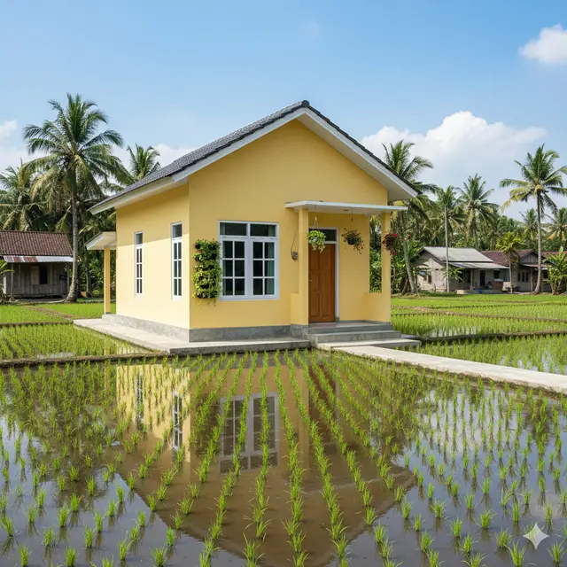 Model Rumah Murah Tapi Elegan dengan Atap Limas 2025 di Kampung (Image by Gemini AI)