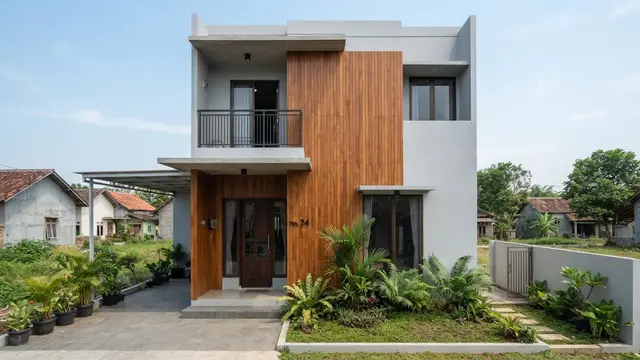 Model dinding dua tekstur untuk fasad rumah minimalis dengan desain dinding cat dan panel kayu