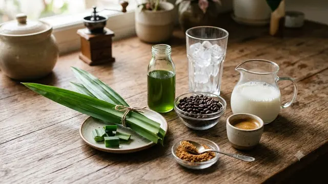 ilustrasi bahan es kopi pandan latte