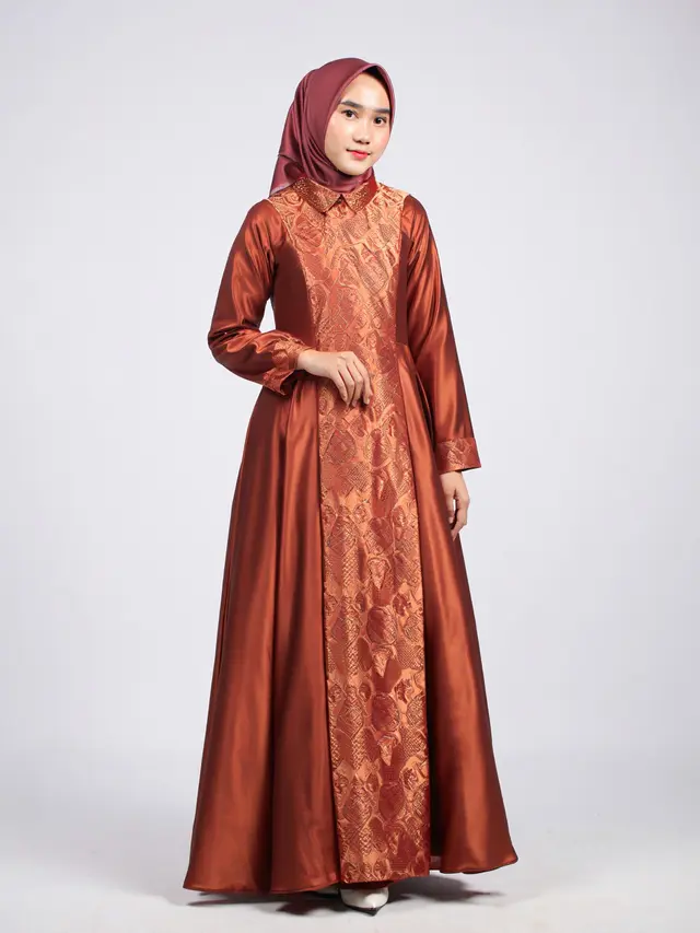 Dress Panjang Satin Kombinasi Brokat Muslim