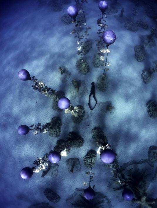 Penyelam bebas Angels Savvas berenang melalui taman patung bawah laut MUSAM di Ayia Napa, Siprus, 18 September 2021. MUSAM dibuat oleh seniman karang terkenal di dunia, Jason deCaires Taylor. (EMILY IRVING-SWIFT/AFP)