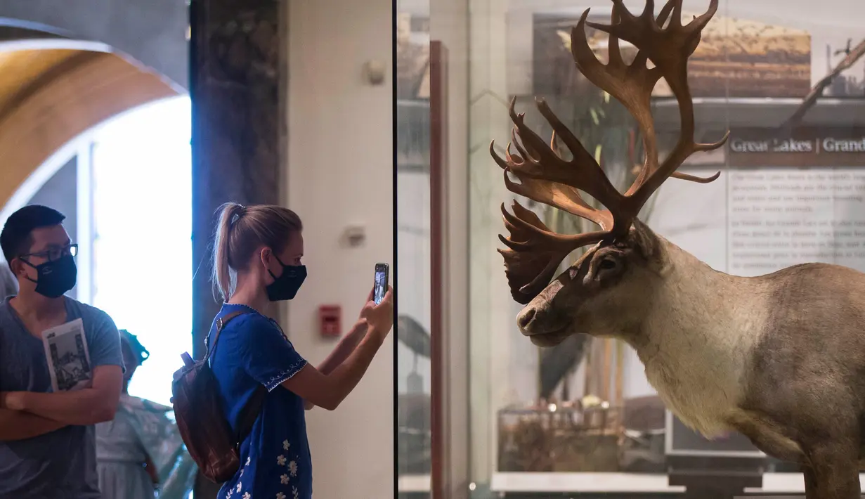 Orang-orang yang mengenakan masker mengunjungi Royal Ontario Museum (ROM) di Toronto, Kanada, pada 11 Juli 2020. Setelah ditutup sementara selama empat bulan, Royal Ontario Museum dibuka kembali untuk umum mulai Sabtu (11/7), dengan para pengunjung diwajibkan memakai masker. (Xinhua/Zou Zheng)
