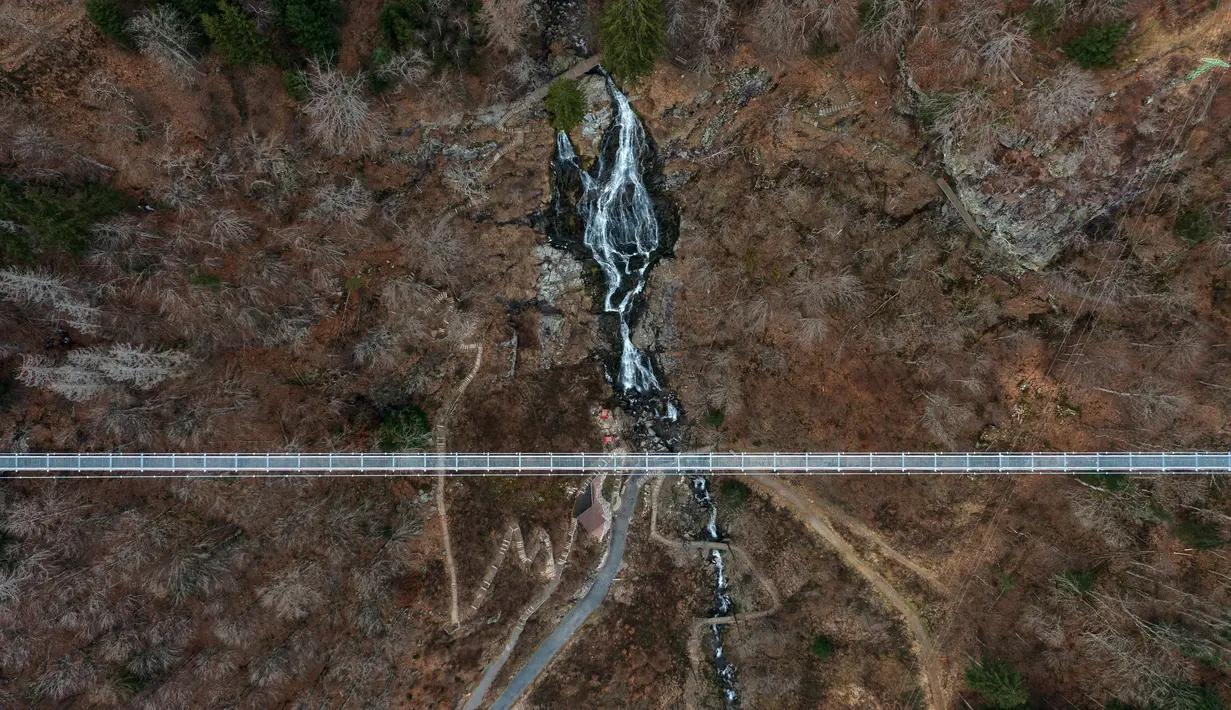 Foto udara yang diambil pada 3 Maret 2023 menunjukkan jembatan gantung yang sedang dibangun, menghadap ke air terjun di Todtnau, barat daya Jerman. Pembangunan jembatan sepanjang 450 meter yang digantung dengan ketinggian hingga 120 meter ini diharapkan selesai pada Mei 2023 dan menjadi daya tarik wisata utama di Black Forest. (PATRICK HERTZOG / AFP)