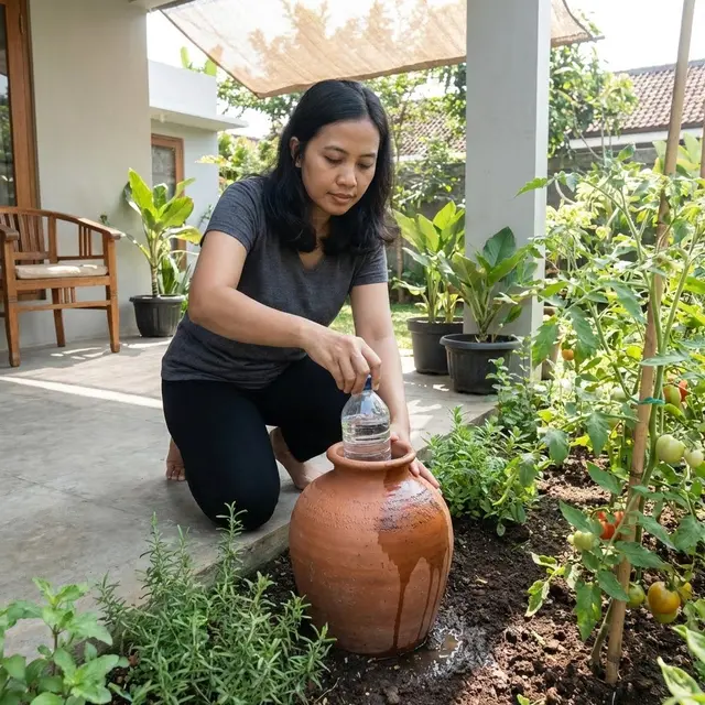 Botol plastik dimasukkan ke dalam kendi tanah liat (Gemini AI)