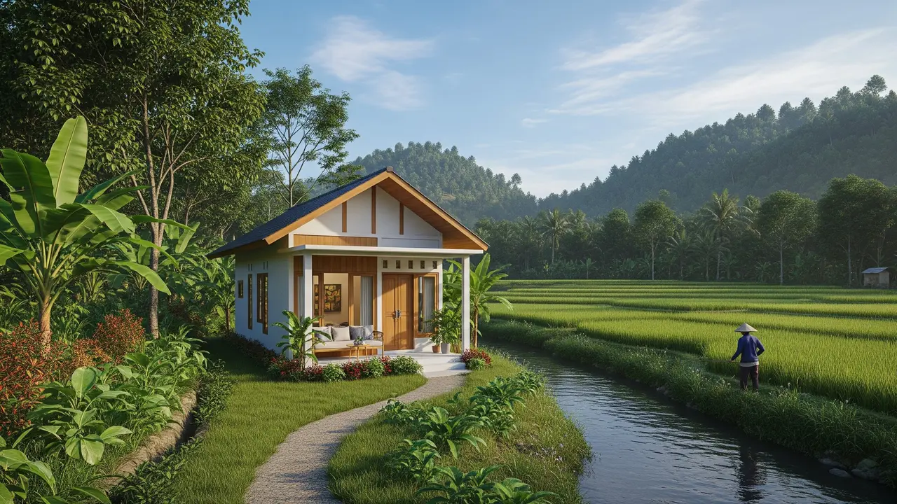 Contoh Rumah Sederhana di Desa Dekat Sungai dan Sawah Kecil dengan Desainnya yang Cantik dan Bikin Betah