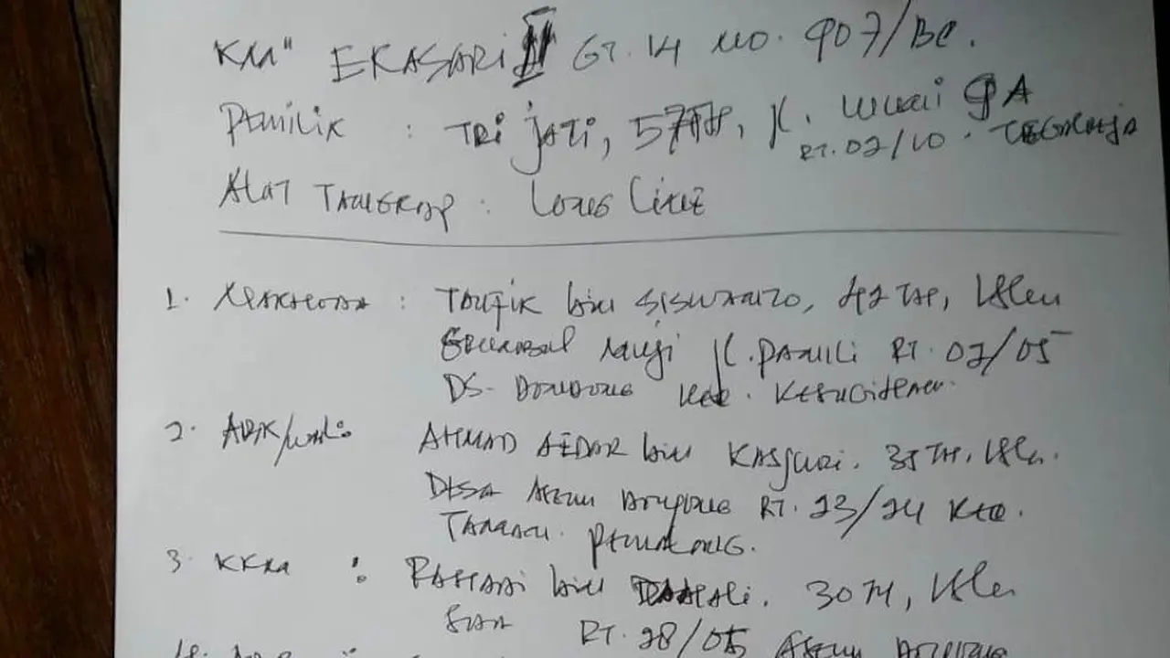 Daftar ABK selamat di kapal tuna tenggelam di perairan selatan Cilacap. (Foto: Liputan6.com/Istimewa/Muhamad Ridlo)