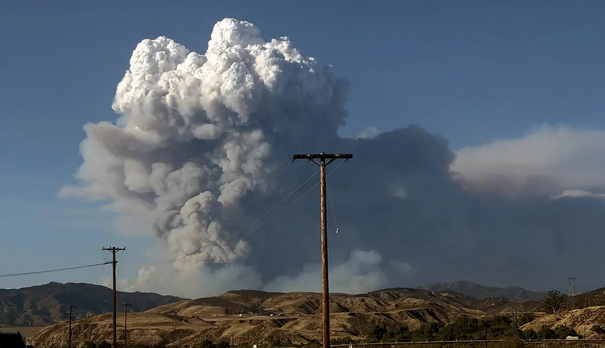 Asap mengepul ke udara saat kebakaran melanda Hutan Nasional Angeles di California, Amerika Serikat, Rabu (12/8/2020). Kebakaran yang diberi nama Lake Fire tersebut terjadi di sekitar Danau Hughes. (AP Photo Ringo H.W. Chiu)