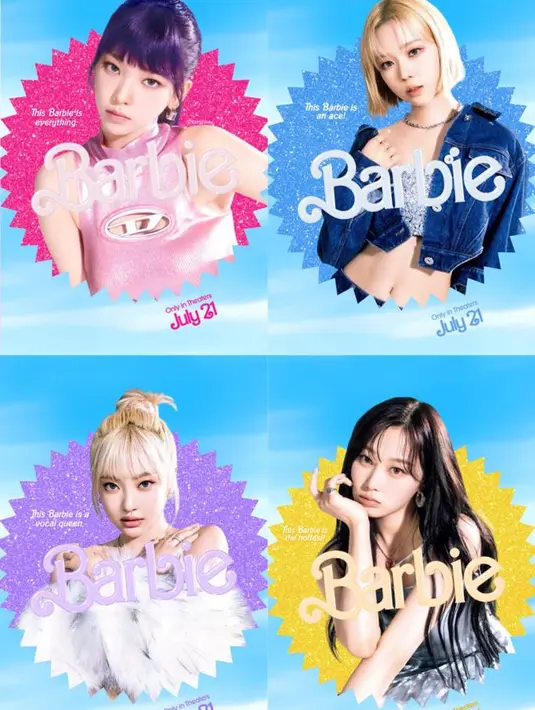 Giliran member aespa jadi poster Barbie. Dengan outfit dan warna rambut cerah, look mereka dolly banget.  [Foto: Twitter/fairyrinas].
