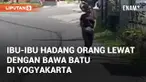 Seorang ibu-ibu menghadang orang yang lewat dengan membawa batu. Peristiwa ini terjadi pada Minggu (13/10/2024) di Yogyakarta