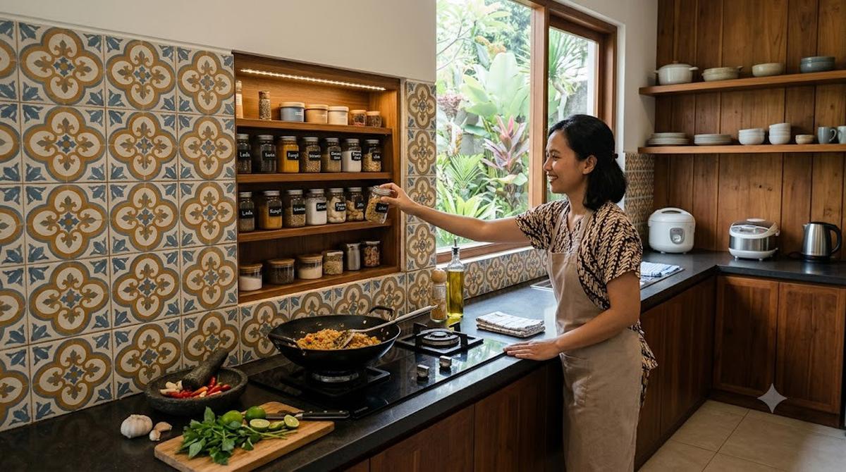 Ide Dapur dengan Rak Piring Tarik dan Tempat Bumbu Tersembunyi
