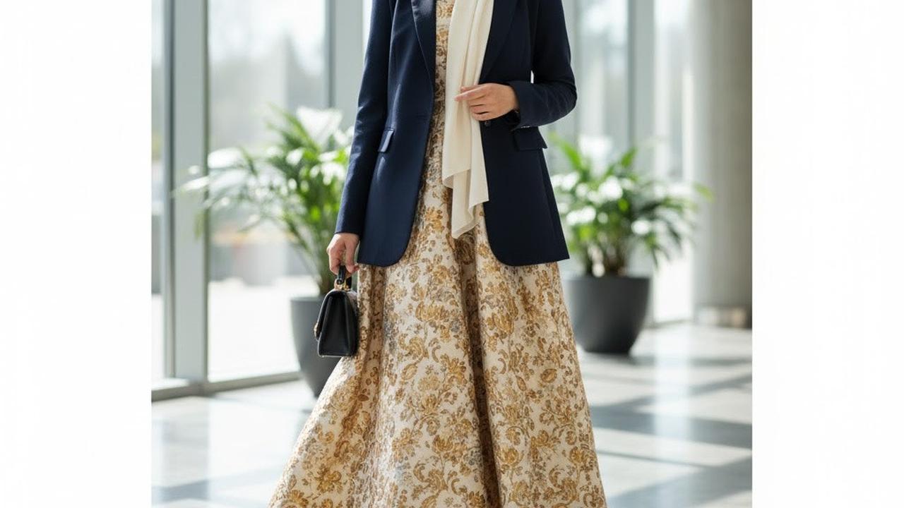 Ilustrasi Gamis Brokat dengan Blazer