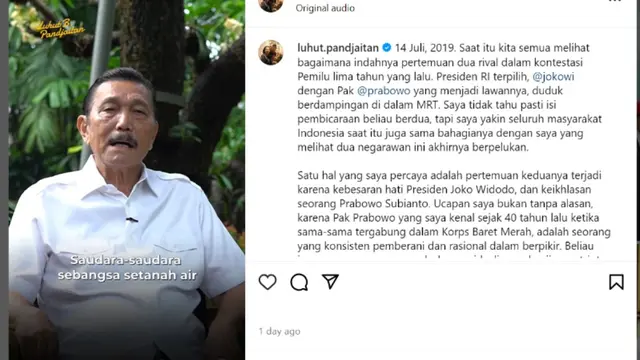Menko Marves Luhut Binsar Pandjaitan akhirnya mendeklrasikan dukungannya untuk pasangan calon presiden (capres) dan calon wakil presiden (cawapres) nomor urut 2 Prabowo Subianto-Gibran Rakabuming Raka.