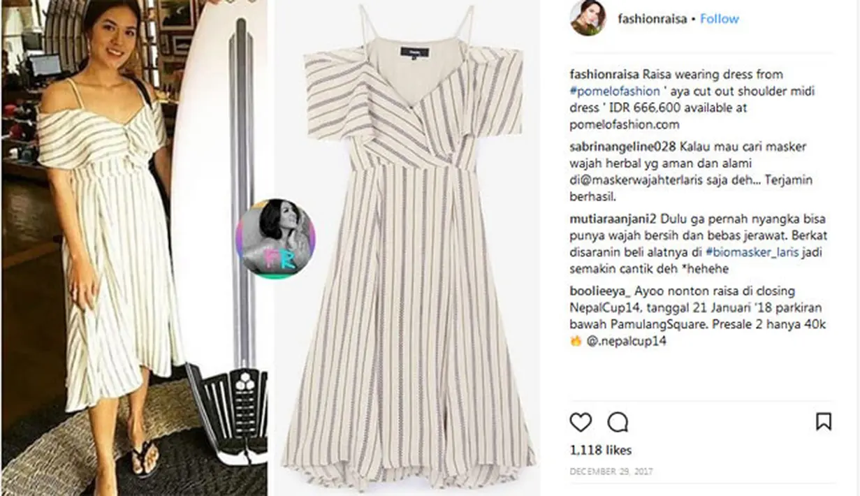 Selanjutnya adalah dress putih bermotif garis-garis ini yang harganya masih di bawah satu juta rupiah. Tepatnya, Rp. 666.600. Tidak terlalu mahal, namun dress ini cocok banget dipakai Raisa. (Instagram/fashionraisa)
