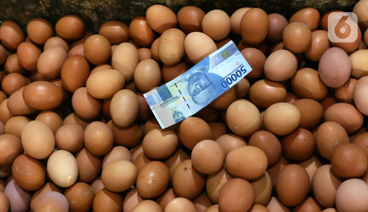 Uang pecahan Rp 50 ribu terlihat di atas tumpukan telur ayam di Pasar Kelapa Dua, Kabupaten Tangerang, Banten, Rabu (29/12/2021). Meroketnya harga telur ayam di sejumlah wilayah jelang pergantian tahun dipicu oleh harga pakan yang tinggi. (Liputan6.com/Angga Yuniar)