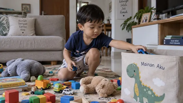 Anak membereskan mainan
