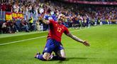 Pemain Spanyol, Joselu, melakukan selebrasi setelah mencetak gol ke gawang Norwegia pada laga pembuka Grup A Kualifikasi Euro 2024 di Estadio La Rosaleda, Malaga, Minggu (26/3/2023). Timnas Spanyol mengawali era baru dengan meraih hasil gemilang pada Kualifikasi Euro 2024. (AP Photo/Manu Fernandez)