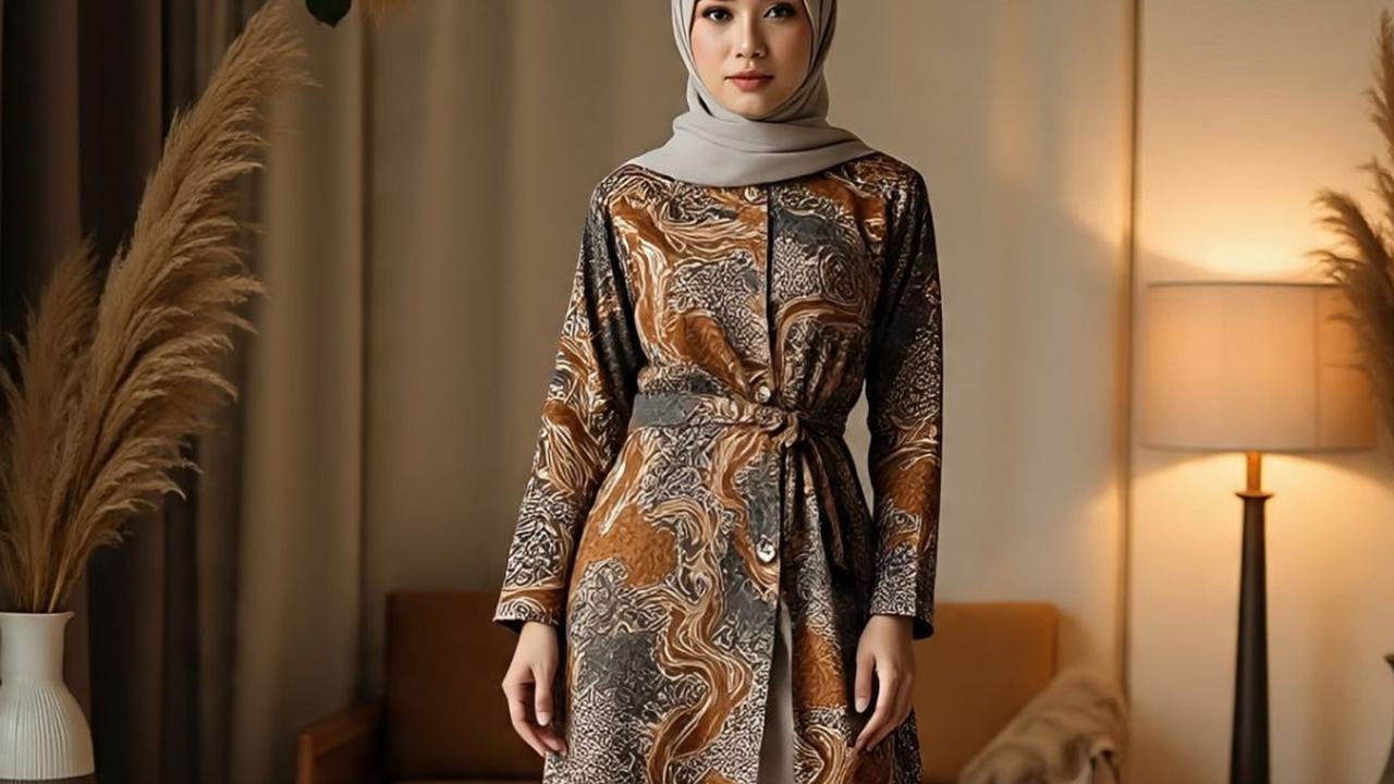 Ilustrasi Tunik Batik Kancing Samping dengan Belahan Panjang