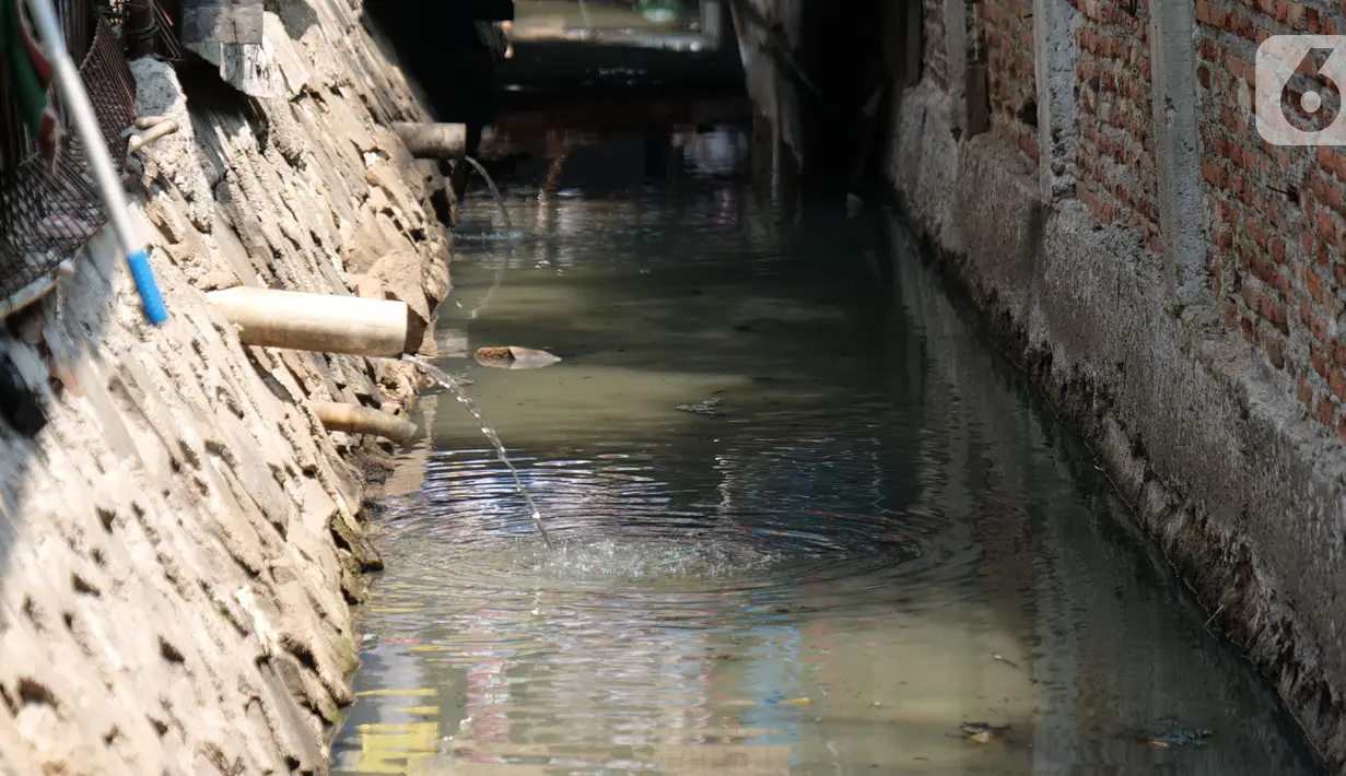 Kondisi kali yang bersebelahan dengan rumah warga di Gang Sekretaris, RT 015/RW 007 Tanjung Duren Utara, Jakarta Barat , Selasa (8/10/2019). Warga di kawasan itu tidak memiliki septic tank sehingga limbah hasil buang air besar (BAB) langsung mengalir ke kali. (Liputan6.com/Herman Zakharia)