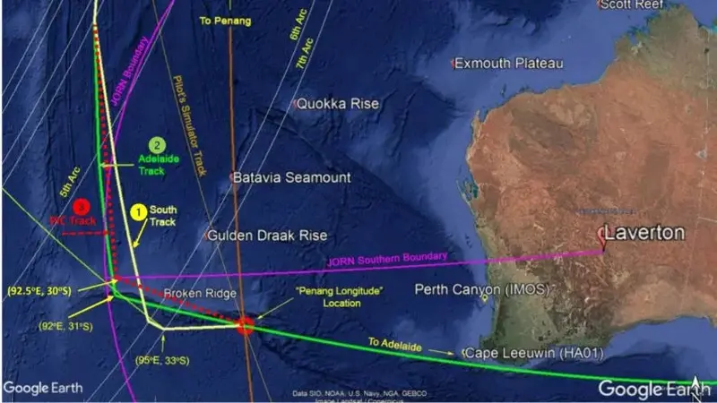 Peneliti Vincent Lyne mengklaim penelitian barunya membantu menemukan "tempat persembunyian yang sempurna" Pesawat Malaysia MH370. (Vincent Lyne/Google Earth)