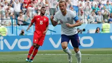 Pemain Inggris Harry Kane melakukan selebrasi usai membobol gawang Panama dalam pertandingan Piala Dunia 2018 di Nizhny Novgorod Stadium, Rusia (24/6). (AP/Antonio Calanni)