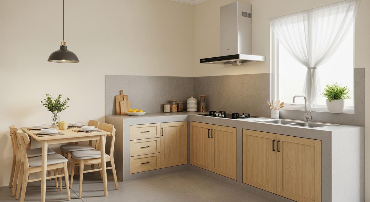 Inspirasi Rumah Type 45 dengan Dapur Terbuka Anti Asap dan Bau yang Bikin Sehat Penghuninya Model Desain Dapur Berbentuk L untuk Efisiensi Ruang