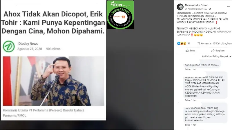 Penelusuran Klaim Erik Thohir Sebut Ahok Tidak akan Dicopot karena Ada Kepentingan dengan China