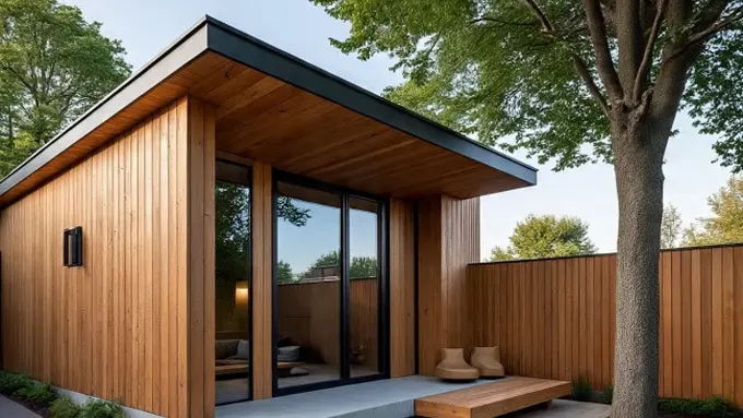 Ilustrasi Desain Rumah Kayu Modern dengan Taman Belakang Kecil Buat Santai (Sumber Gambar: Meta AI)