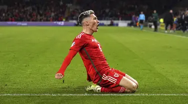 Gelandang Wales Harry Wilson berselebrasi setelah mencetak gol pertama untuk timnya ke gawang Kroasia pada matchday keenam Kualifikasi Euro 2024 Grup D di Stadion Kota Cardiff, Senin (16/10/2023) dini hari WIB. (Tim Goode/PA via AP)