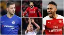 Aubameyang, Kane dan Salah berada di posisi teratas pencetak gol terbanyak sementara di Premier League dengan sama-sama mengoleksi 13 gol. Berikut daftar top scorer sementara Liga Inggris pekan ke 20. (Foto Kolase AP dan AFP)