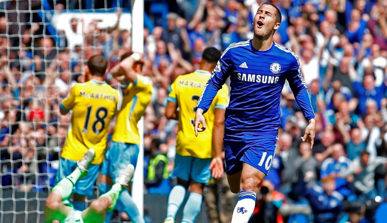 Eden Hazard meluapkan kegembiraan usai membobol gawang Palace. (Reuters/Dylan Martinez)