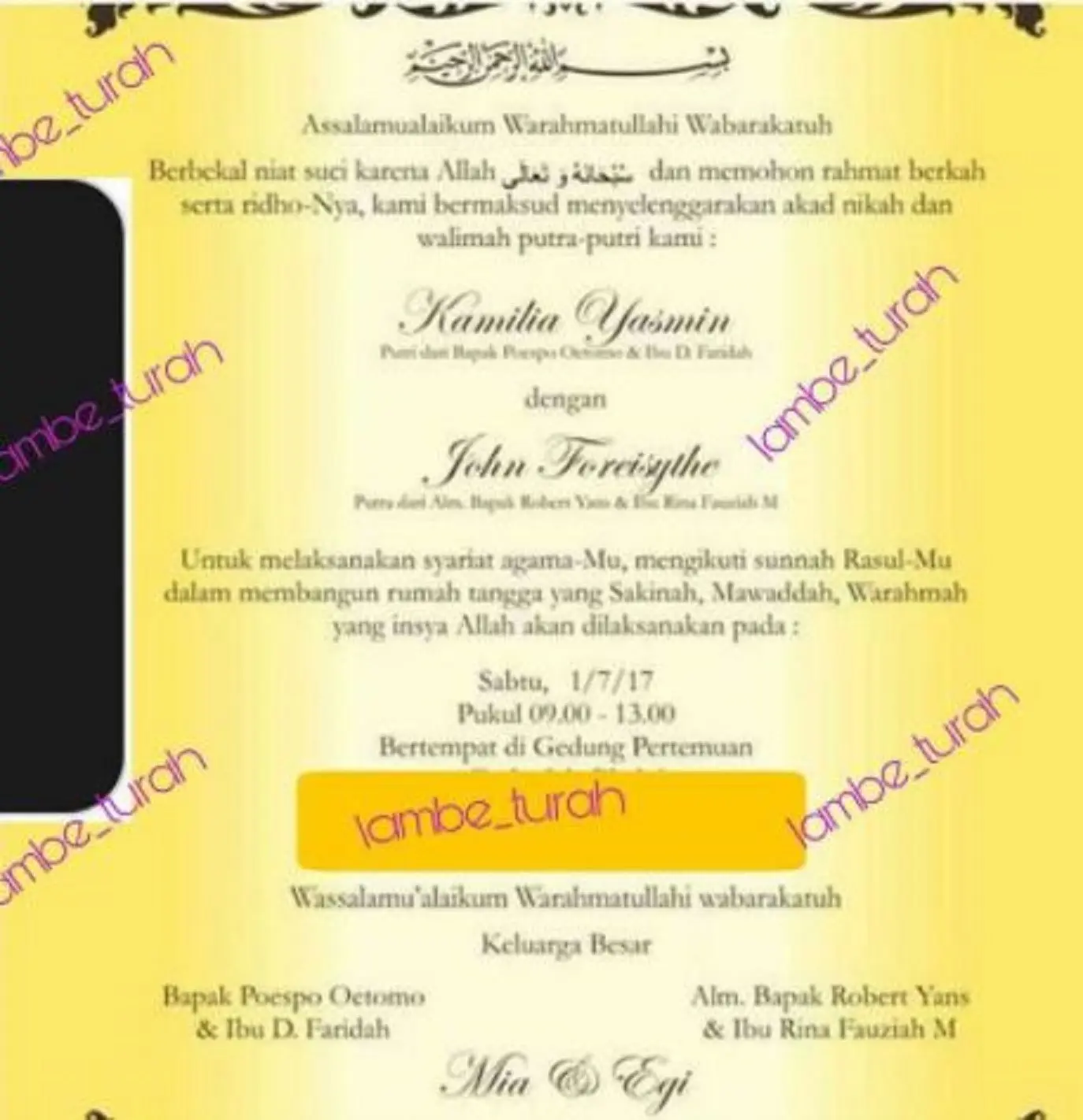 Undangan pernikahan Egi John dan Kamilia Yasmin (Instagram/@lambe_turah)